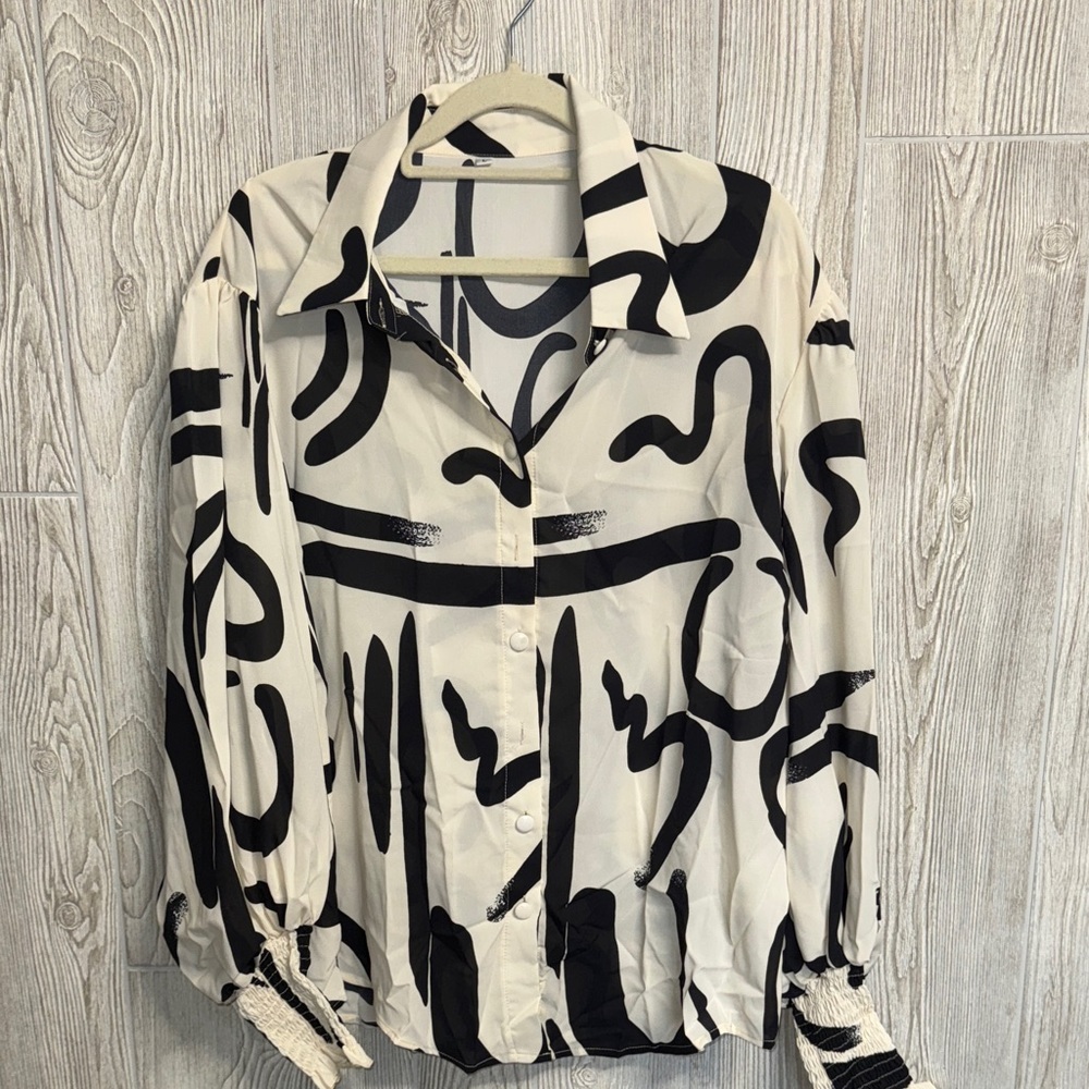 Abstract Black and White Button-Up Blouse